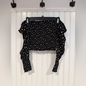 Reformation Black Ruched Long Sleeve Crop Blouse